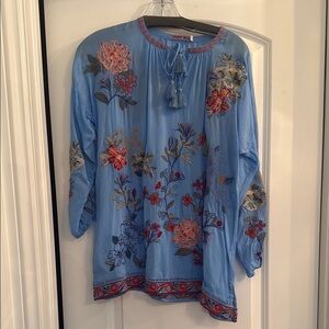 Johnny Was Light Blue Floral Embroidered Blouse